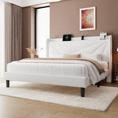 Full Size Bed Frame with Charging Station, Linen Platform Bed Frame with Wingback Headboard Upholstered Bedframe, Solid Wood Slats Support, No Box Spring Needed, Easy Assembly, Dark Grey