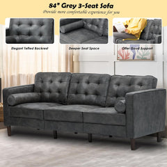 84" Suede Leather Sofa with 2 Soft Pillows, Tufted Modern Sofa with Sturdy Wooden Legs, 3 Seats Couch for Living Room, Office, Bedroom, Grey