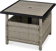Wicker Side Table with Umbrella Hole, Square PE Rattan Outdoor End Table for Patio, Garden, Poolside, Deck W/Uv-Resistant Frame, Storage Space - Gray