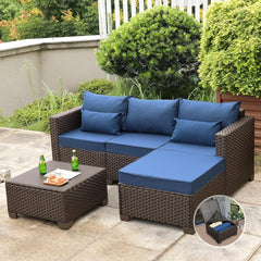 3 Pieces Patio Furniture Set Outdoor Sectional Wicker Patio Furniture Patio Couch with Ottoman and Outdoor Storage Table with Lining Weathering Anti-Slip Cushions Waterproof Covers, Peacock Blue