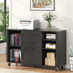 3 Drawer Wood Lateral File Cabinet with Lock, Rolling Mobile Filing Cabinet with Open Storage Shelves, Printer Stand Office Storage Cabinet for Home Office Fits Files Legal/A4 Size, Black