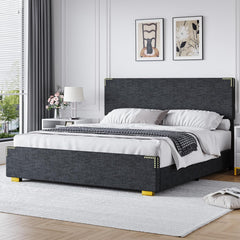 Queen Bed Frame, Queen Size Bed Frame with Headboard and Footboard, Chenille Fabric Upholstered Bed Frame, Gold-Colored Support Feet, Strong Wooden Slats, No Box Spring Needed, Easy Assembly, Black