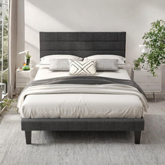 Platform Bed Frame Queen Size with Linen Fabric Headboard,Modern Panel Low Profile Bed with Upholstered & Sturdy Slats Support for Bedroom, Mattress Foundation, Dark Gray