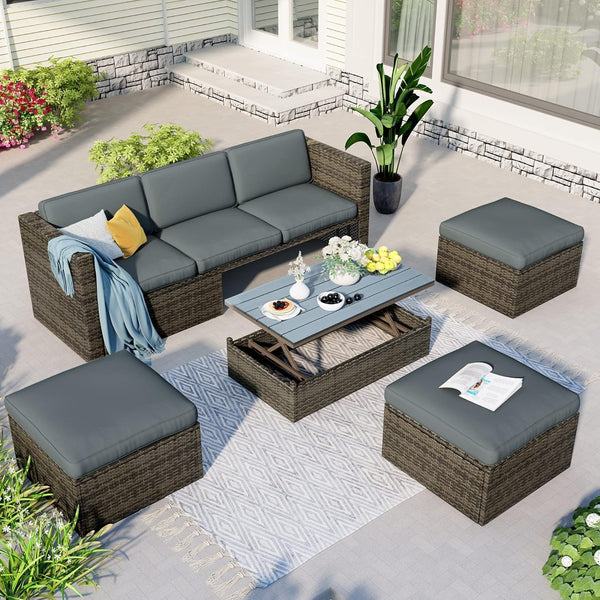 6 Piece Outdoor Patio Furniture Set with Lift Top Table & Ottomans, Outdoor Sectional All Weather PE Rattan Wicker Sectional Furniture Chair Set with Cushions and Tea Table (Dark Gray)