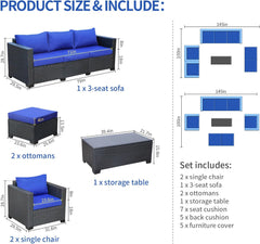 6 Pieces Patio Wicker Furniture Set Outdoor PE Rattan Conversation Couch Sectional Chair Sofa Set with Royal Blue Cushions