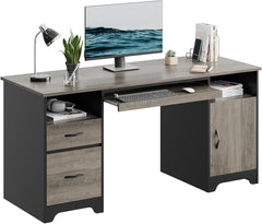 59” Executive Desk with 2 Drawers, Computer Desk with Storage Cabinet, Industrial Wood Desk with File Drawer, Keyboard Tray & 2 Pedestals for Home Office & Studio, Gray