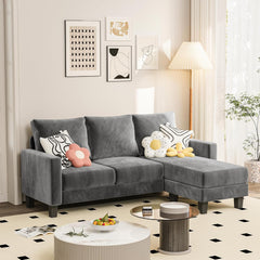 Couch for Small Living Room, 73" Small Sofa with Reversible Ottoman, 3 Seat L-Shaped Sofas, Comfy Couches for Apartment (Linen Fabric, Dark Grey)