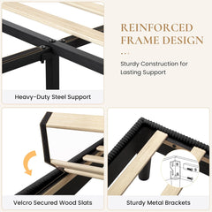 Full Bed Frame, Velvet Platform Bed Frame with Vertical Channel Tufted Headboard, Upholstered Corduroy, Strong Wooden Slats, Mattress Foundation, No Box Spring Needed, Easy Assembly, Black