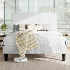 Full Bed Frame, Velvet Platform Bed Frame with Vertical Channel Tufted Headboard, Upholstered Corduroy, Strong Wooden Slats, Mattress Foundation, No Box Spring Needed, Easy Assembly, Black