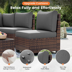 Patio Furniture Set, 8 Inch Armrest Outdoor Sectional Sofa, 6 Piece Wicker Outdoor Furniture Conversation Sets with Waterproof Cover and Coffee Table for Backyard Deck(Brown/Dark Grey)