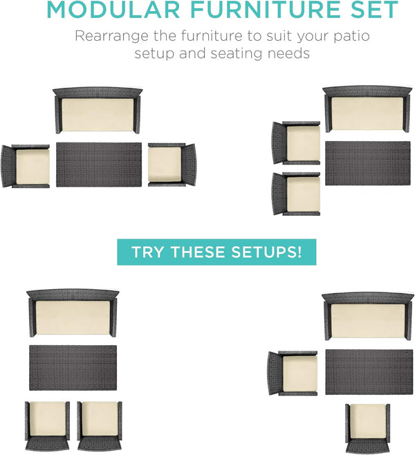 4-Piece Outdoor Wicker Patio Conversation Furniture Set for Backyard W/Coffee Table, Seat Cushions - Gray/Cream