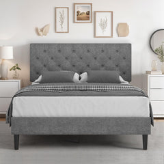 Queen Bed Frame with Headboard, Linen Fabric Upholstered Bed Frame Queen, Wood Slats Support, Button Tufted, No Box Spring Needed, White