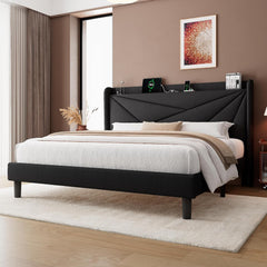 Full Size Bed Frame with Charging Station, Linen Platform Bed Frame with Wingback Headboard Upholstered Bedframe, Solid Wood Slats Support, No Box Spring Needed, Easy Assembly, Dark Grey
