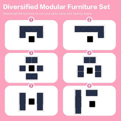 7-Piece Outdoor Rattan Sectional Sofa Set, Gray Wicker Patio Furniture Sets with Navy Blue Cushions for Balcony, Porch, Backyard