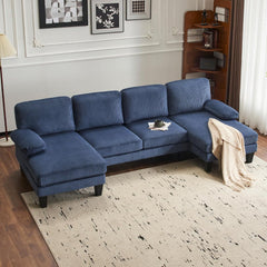 110" U-Shaped Sectional Sofa with Double Chaise, 4-Seat Corduroy Couch in Ocean Blue for Living Room Furniture