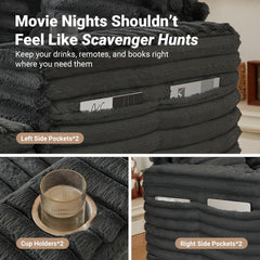 Chaise Lounge Chair Indoor, 64" Oversized Sleeper Chair with Wood Frame, Upholstered Sofa Bed for Living Room, Movie Room, Bedroom with 4 Storage Pockets& 2 Cup Holders(Corduroy, Grey)