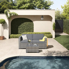 7-Piece Outdoor Rattan Sectional Sofa Set, Gray Wicker Patio Furniture Sets with Navy Blue Cushions for Balcony, Porch, Backyard