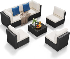 7 Pieces Patio Furniture Set, Outdoor Sectional Sofa PE Rattan Wicker Conversation Set outside Couch with Table and Cushions for Porch Lawn Garden Backyard(Beige+Black)