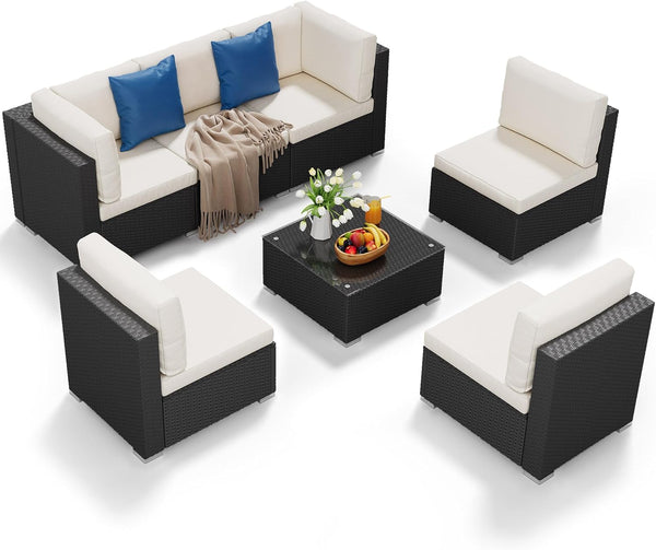 7 Pieces Patio Furniture Set, Outdoor Sectional Sofa PE Rattan Wicker Conversation Set outside Couch with Table and Cushions for Porch Lawn Garden Backyard(Beige+Black)