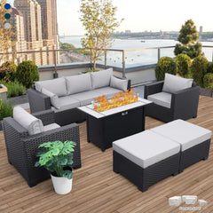 6 Pieces Patio Wicker Furniture Set Outdoor PE Rattan Conversation Couch Sectional Chair Sofa Set with Royal Blue Cushions