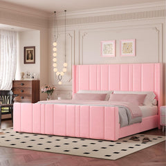 King Size Bed Frame and Headboard, Upholstered Bed with Vertical Channel Tufted Headboard & Footboard, Wooden Slats/Noise Free/No Box Spring Needed/Easy Assembly, Pink