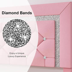 Queen Bed Frame with Diamond Headboard, Faux Leather Upholstered Platform Bed, Mattress Foundation, No Box Spring Needed, Easy Assembly, Pink