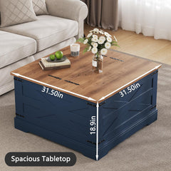 Farmhouse Coffee Table with Hidden Storage, Navy Blue Square Coffee Table for Living Room, Wood Large Center Table with Hinged Lift Top for Home, Office