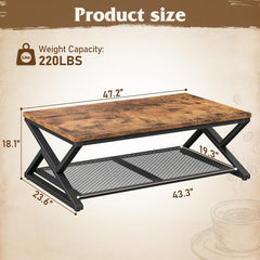 Coffee Table with Storage, Modern Coffee Tables for Living Room with Mesh Shelf, 2 Tier Rectangular Center Table for Living Room, Bedroom, 47.2 Inch, Rustic Brown