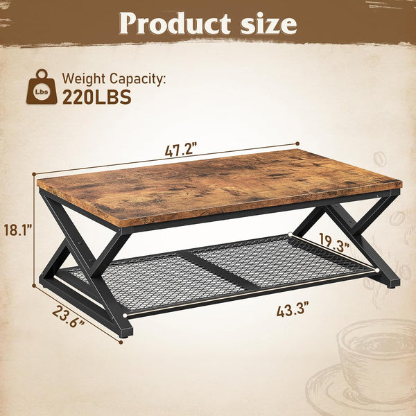 Coffee Table with Storage, Modern Coffee Tables for Living Room with Mesh Shelf, 2 Tier Rectangular Center Table for Living Room, Bedroom, 47.2 Inch, Rustic Brown