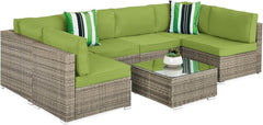 7-Piece Modular Outdoor Sectional Wicker Patio Conversation Set W/ 2 Pillows, Coffee Table, Cover Included - Gray/Cream