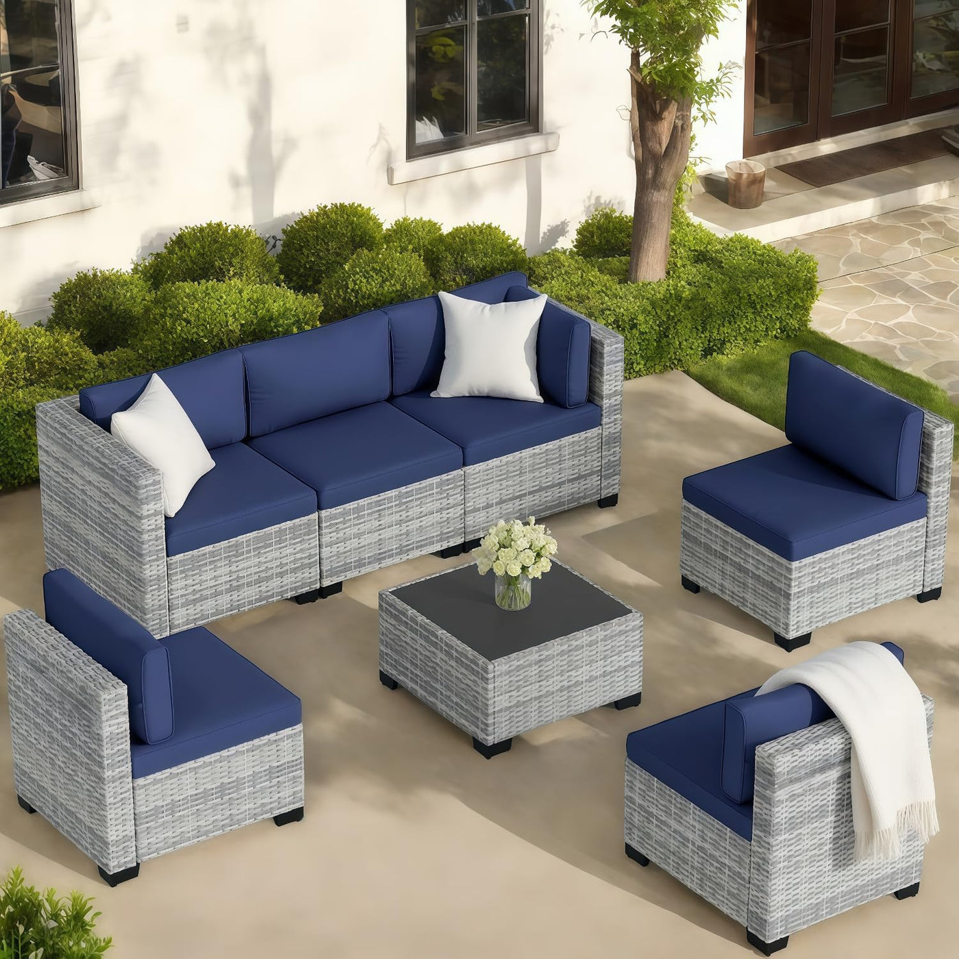 7-Piece Outdoor Rattan Sectional Sofa Set, Gray Wicker Patio Furniture Sets with Navy Blue Cushions for Balcony, Porch, Backyard