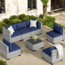 7-Piece Outdoor Rattan Sectional Sofa Set, Gray Wicker Patio Furniture Sets with Navy Blue Cushions for Balcony, Porch, Backyard