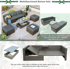 6 Piece Outdoor Patio Furniture Set with Lift Top Table & Ottomans, Outdoor Sectional All Weather PE Rattan Wicker Sectional Furniture Chair Set with Cushions and Tea Table (Dark Gray)