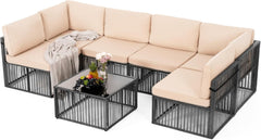 7-Piece Outdoor Sectional Furniture Set, All-Weather Wicker Patio Sofa with Washable Cushions, Gray Waterproof Rattan Conversation Set for Backyard, Poolside, Garden (Gray Cushions)
