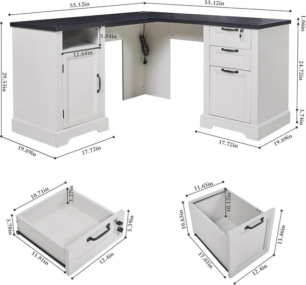 55” Farmhouse L Shaped Desk with Charging Station,Executive L Shaped Desk with Lockable Drawers and Storage Cabinet & Adjustable File Cabinet,White Corner Desk for Home Office