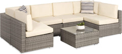 7-Piece Modular Outdoor Sectional Wicker Patio Conversation Set W/ 2 Pillows, Coffee Table, Cover Included - Gray/Cream