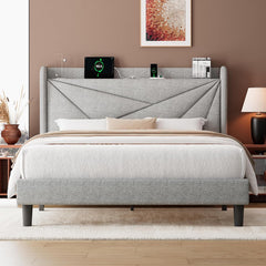 Full Size Bed Frame with Charging Station, Linen Platform Bed Frame with Wingback Headboard Upholstered Bedframe, Solid Wood Slats Support, No Box Spring Needed, Easy Assembly, Dark Grey