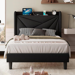 Full Size Bed Frame with Charging Station, Linen Platform Bed Frame with Wingback Headboard Upholstered Bedframe, Solid Wood Slats Support, No Box Spring Needed, Easy Assembly, Dark Grey