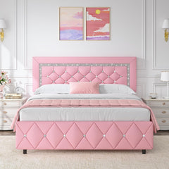 Queen Bed Frame with Diamond Headboard, Faux Leather Upholstered Platform Bed, Mattress Foundation, No Box Spring Needed, Easy Assembly, Pink