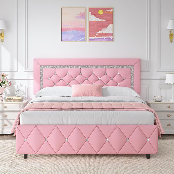 Queen Bed Frame with Diamond Headboard, Faux Leather Upholstered Platform Bed, Mattress Foundation, No Box Spring Needed, Easy Assembly, Pink