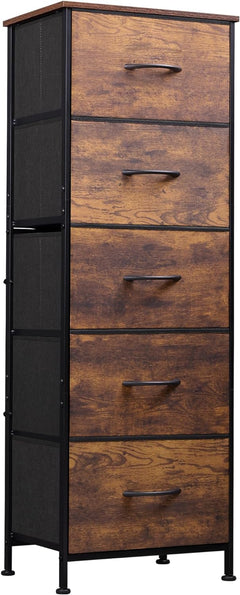 Fabric Dresser, 5-Drawer Tall Dresser for Bedroom, Storage Organizer with Fabric Bins, Wood Top, Sturdy Steel Frame, Chest of Drawers for Closet, Hallway, Rustic Brown Wood Grain Print