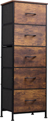 Fabric Dresser, 5-Drawer Tall Dresser for Bedroom, Storage Organizer with Fabric Bins, Wood Top, Sturdy Steel Frame, Chest of Drawers for Closet, Hallway, Rustic Brown Wood Grain Print