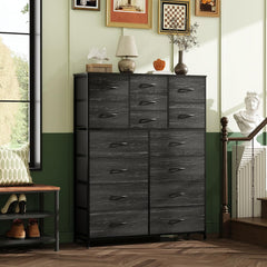 WLIVE Tall Console Table with 15 Fabric Drawers, Entryway Table with Storage, Tall Storage Organizer with Wood Top, Steel Frame for Living Room, Hallway, Office, Charcoal Black Wood Grain Print