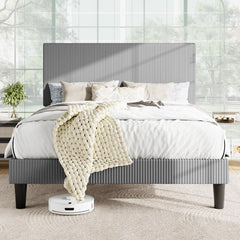 Full Bed Frame, Velvet Platform Bed Frame with Vertical Channel Tufted Headboard, Upholstered Corduroy, Strong Wooden Slats, Mattress Foundation, No Box Spring Needed, Easy Assembly, Black