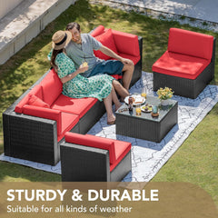 7 Pieces Outdoor Sectional Sofa Patio Furniture Sets Manual Weaving Wicker Rattan Patio Conversation Sets with Cushion and Glass Table (Red)