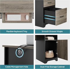 59” Executive Desk with 2 Drawers, Computer Desk with Storage Cabinet, Industrial Wood Desk with File Drawer, Keyboard Tray & 2 Pedestals for Home Office & Studio, Gray