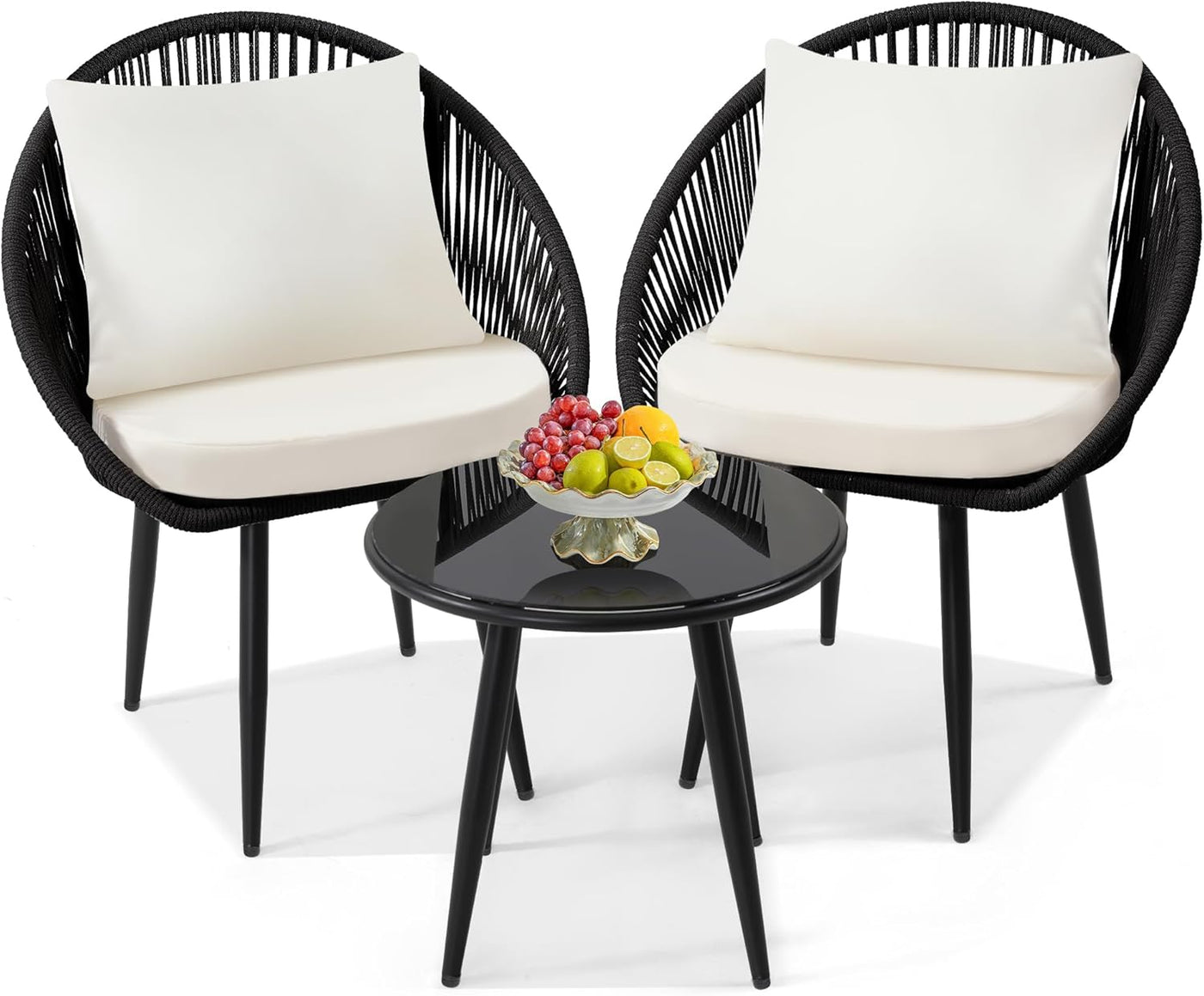 3 Pieces Bistro Set, Woven Rope Chair with Cushions, All Weather Patio Conversation Set and Side Table, Ideal for Deck, Balcony, Poolside, Black