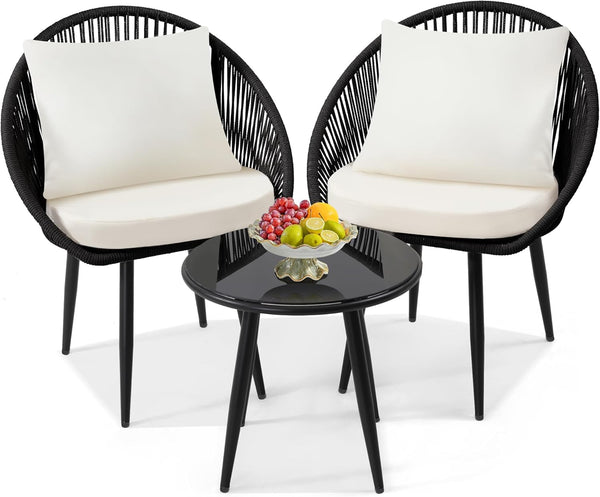 3 Pieces Bistro Set, Woven Rope Chair with Cushions, All Weather Patio Conversation Set and Side Table, Ideal for Deck, Balcony, Poolside, Black