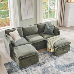 88.98" Modern U-Shaped Sectional Sofa with Ottoman and Storage, Chenille 3-Seater Couch with Deep Seat and Pillows for Living Room and Bedroom, Beige White