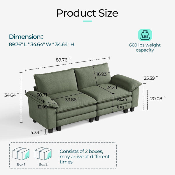 Sectionl Loveset Sof - 90'' Oversized Corduroy Cloud Couch Soft Modern Comfy Green Loveset Couch Deep Set Couches for Living Room Bedroom prtment Office, Green